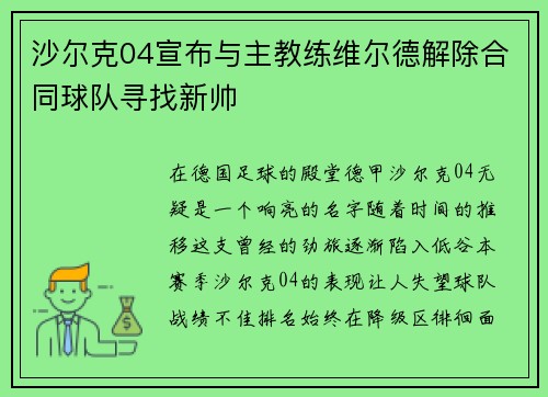 沙尔克04宣布与主教练维尔德解除合同球队寻找新帅