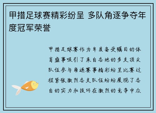 甲措足球赛精彩纷呈 多队角逐争夺年度冠军荣誉