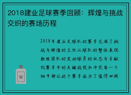 2018建业足球赛季回顾：辉煌与挑战交织的赛场历程